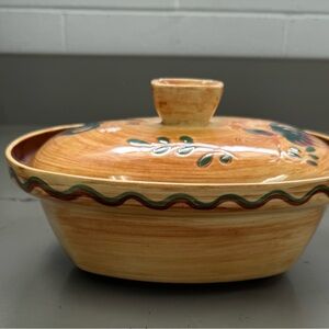 Hand-Painted Ceramic Covered Casserole Dish in Warm Amber with Green Chickens